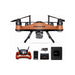 SwellPro Fisherman FD3S fishing drone kit on white background showing the orange quadcopter with camera gimbal, SwellPro remote controller, battery, charger, payload mount and hard case.