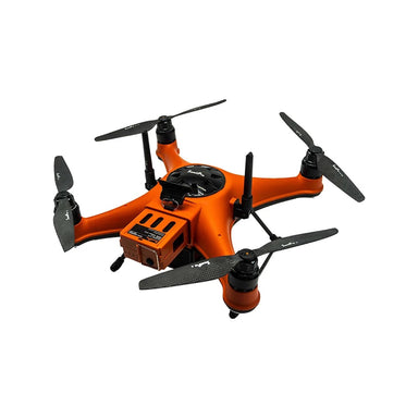 Angled top view of the SwellPro Fisherman FD3S orange fishing drone with payload box attached under the body and carbon fibre propellers.