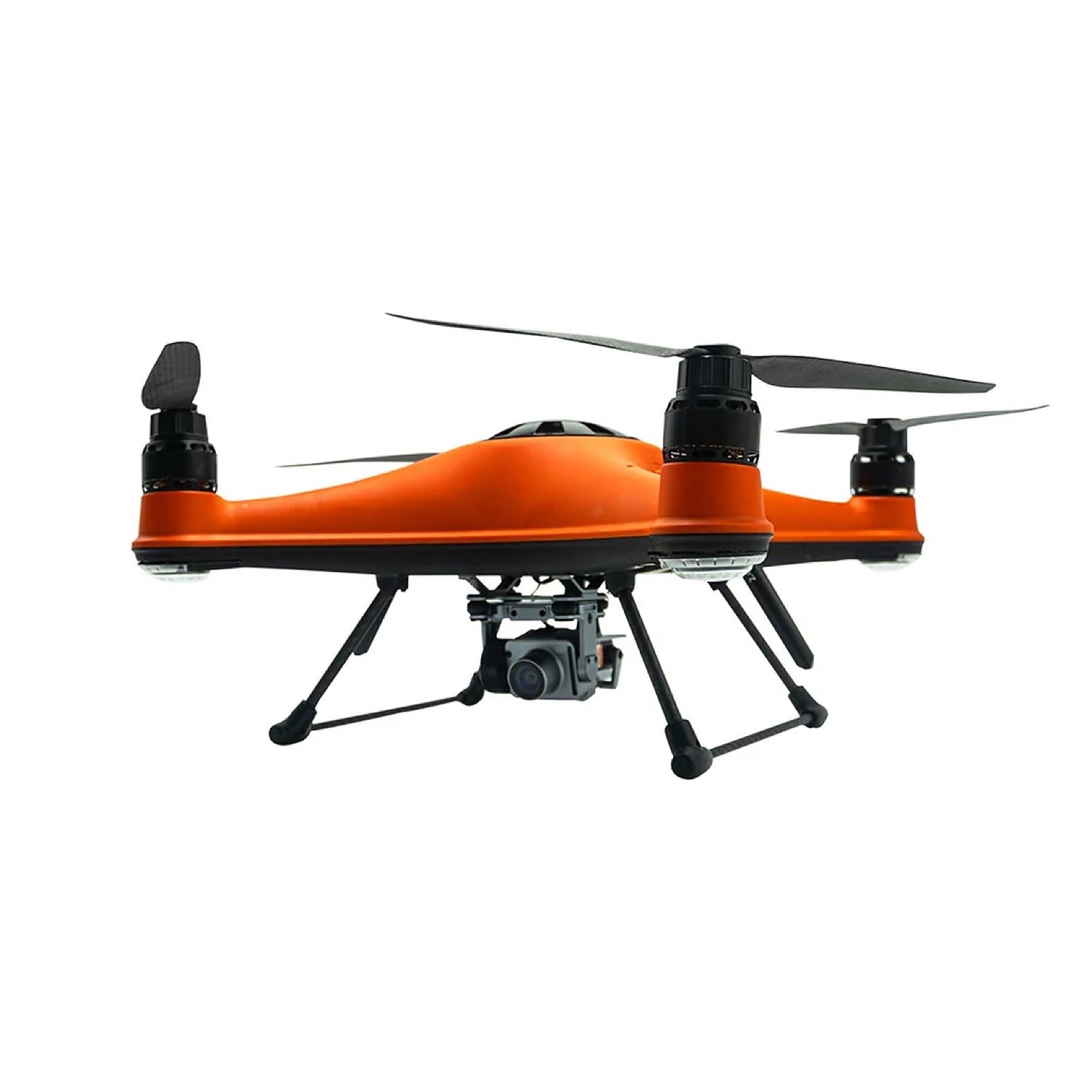 Side view of the orange and black SwellPro Fisherman FD3S fishing drone with camera gimbal and landing gear on a white background.