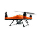 Side view of the orange and black SwellPro Fisherman FD3S fishing drone with camera gimbal and landing gear on a white background.