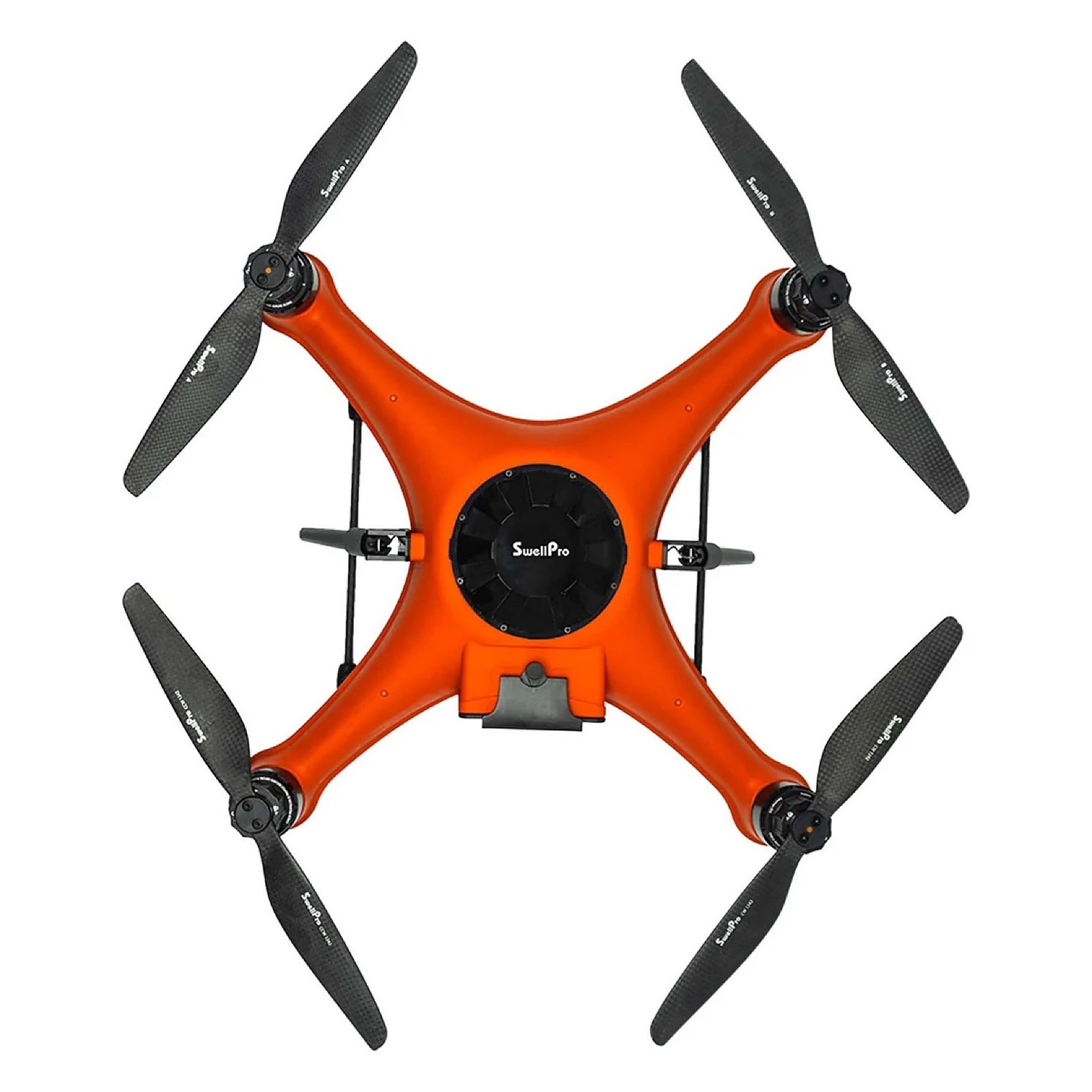 Top-down view of the SwellPro Fisherman FD3S orange fishing drone showing the X-frame, central SwellPro hub and four carbon fibre propellers on a white background.