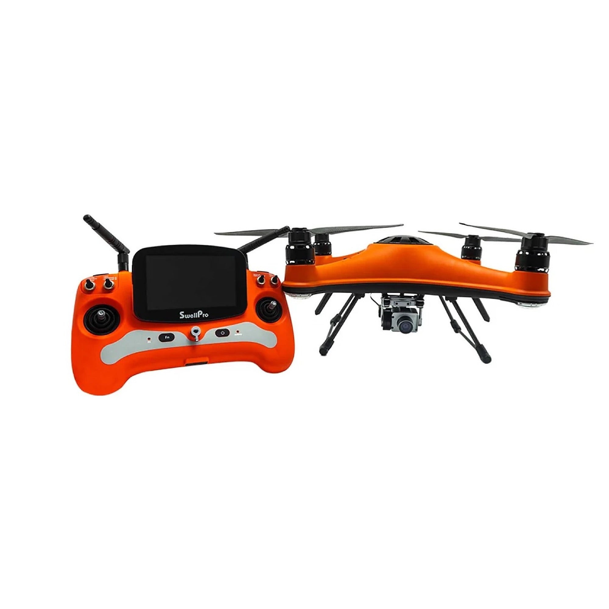 SwellPro Fisherman FD3S orange fishing drone shown beside its matching orange SwellPro remote controller with built-in screen on a white background.
