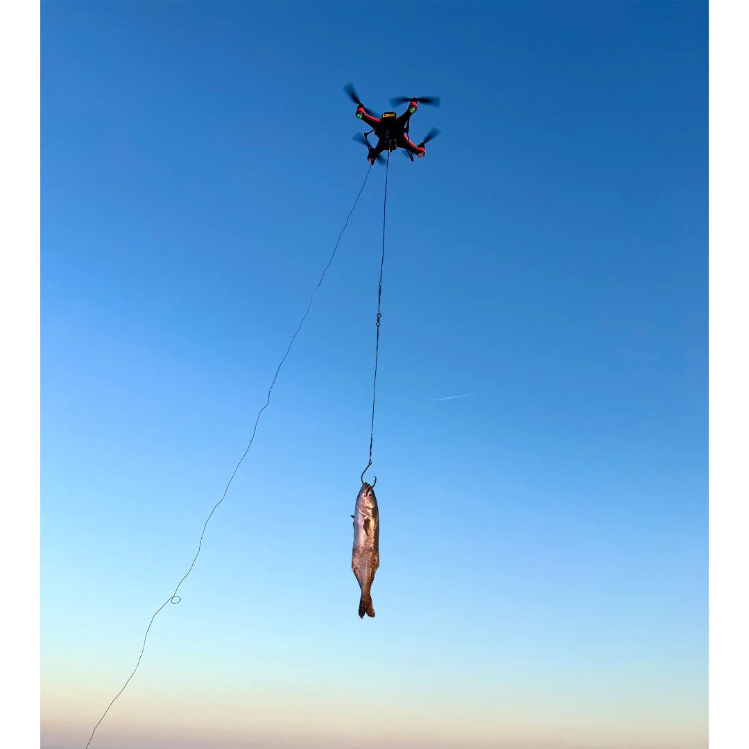 SwellPro Fisherman FD1S fishing drone in flight against a clear blue sky, carrying a live bait on a fishing line suspended from its payload release.