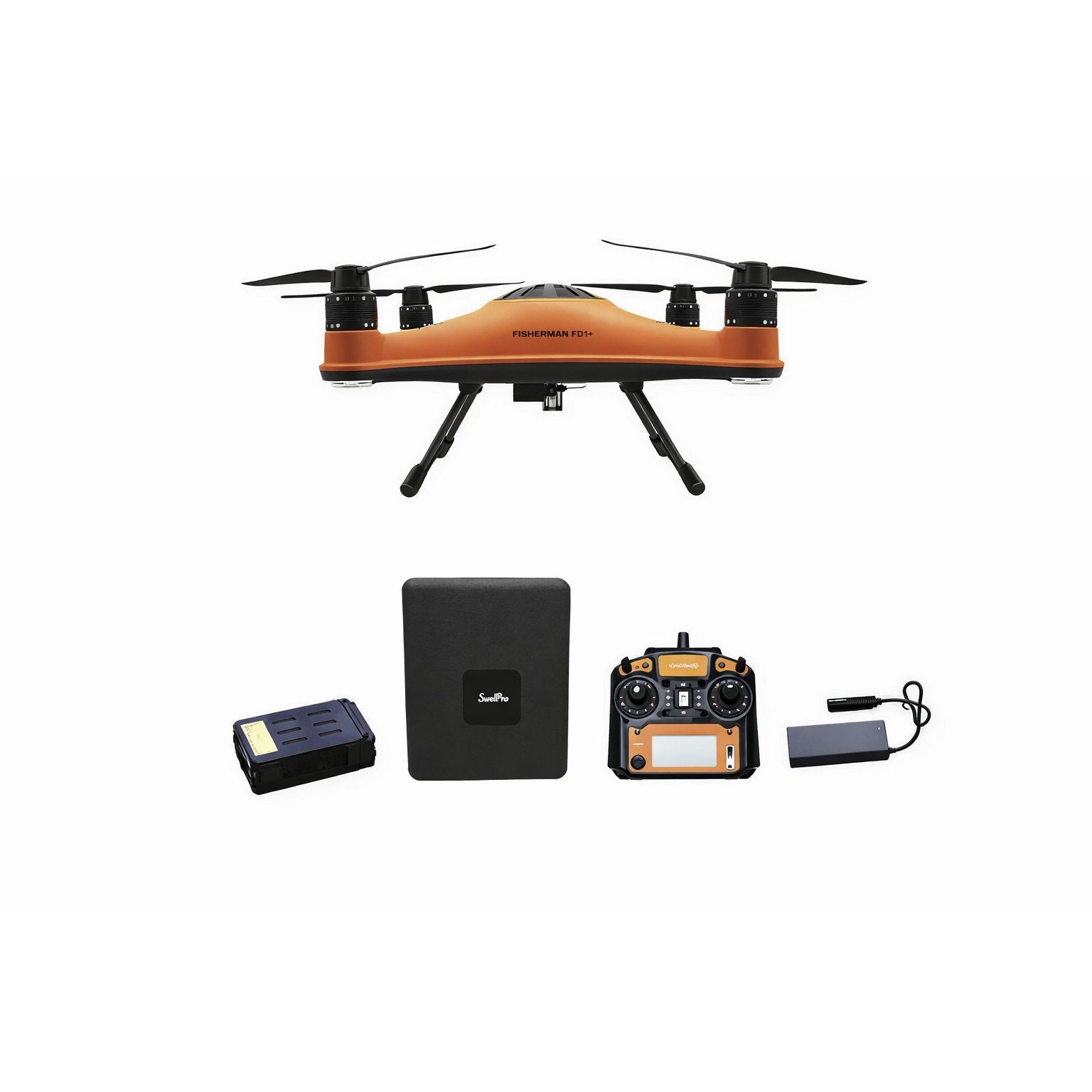 SwellPro Fisherman FD1S fishing drone shown front-on above its hard carry case, flight battery, remote controller and power adapter on a white background.