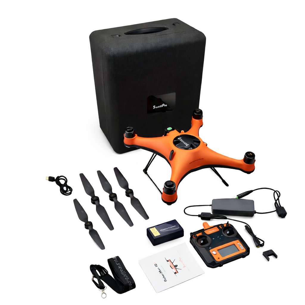 SwellPro Fisherman FD1S fishing drone kit laid out on a white background with the orange drone, remote controller, hard carry case, flight battery, spare carbon propellers, charger, power adapter and carry strap.