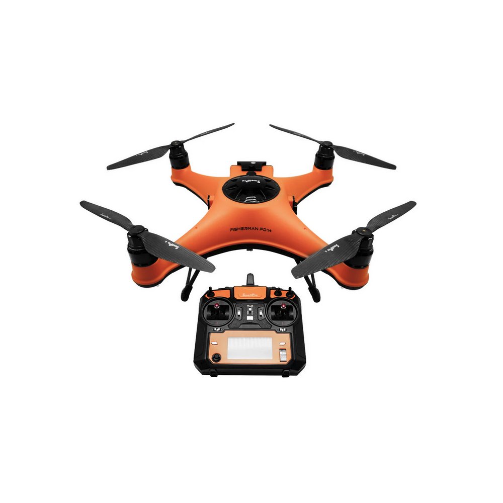 Top angled view of the orange SwellPro Fisherman FD1S fishing drone with carbon fibre propellers, beside its SwellPro remote controller with built-in screen.