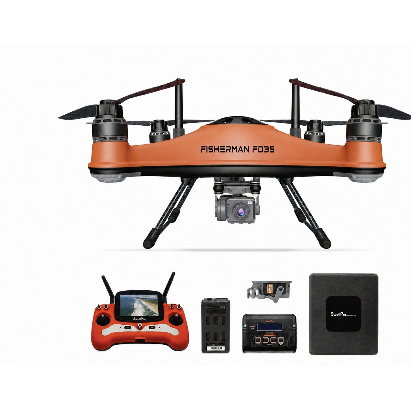 SwellPro Fisherman FD3S fishing drone with 4K gimbal camera shown above the full kit on a white background, including the orange remote controller with built-in screen, flight battery, AC-300 charger, payload release and hard case.