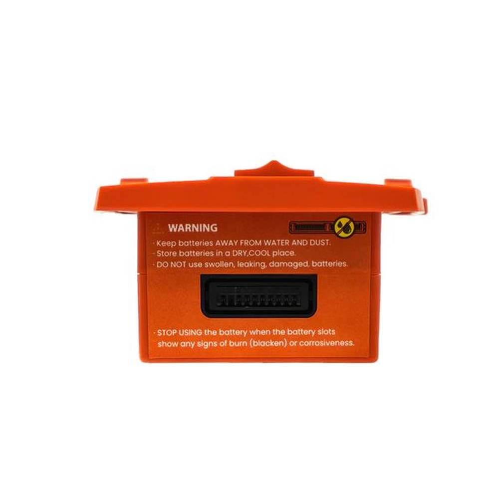 End view of the Swellpro Fisherman Max 4500mAh flight battery showing the gold contact block and the printed safety warning label about water, dust and swollen batteries.