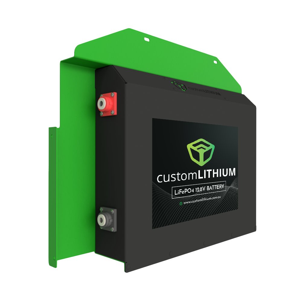 Custom Lithium LiFePO4 dual battery for the Toyota LandCruiser 79 Series, shown on a white background with the green mounting plate and terminal posts.