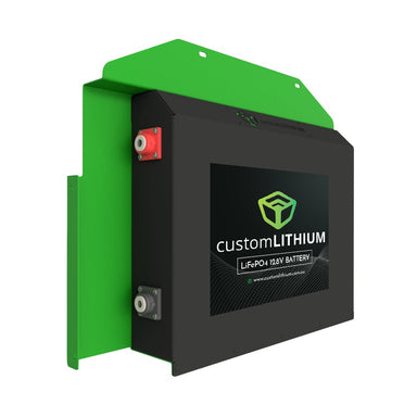 Custom Lithium LiFePO4 dual battery for the Toyota LandCruiser 79 Series, shown on a white background with the green mounting plate and terminal posts.