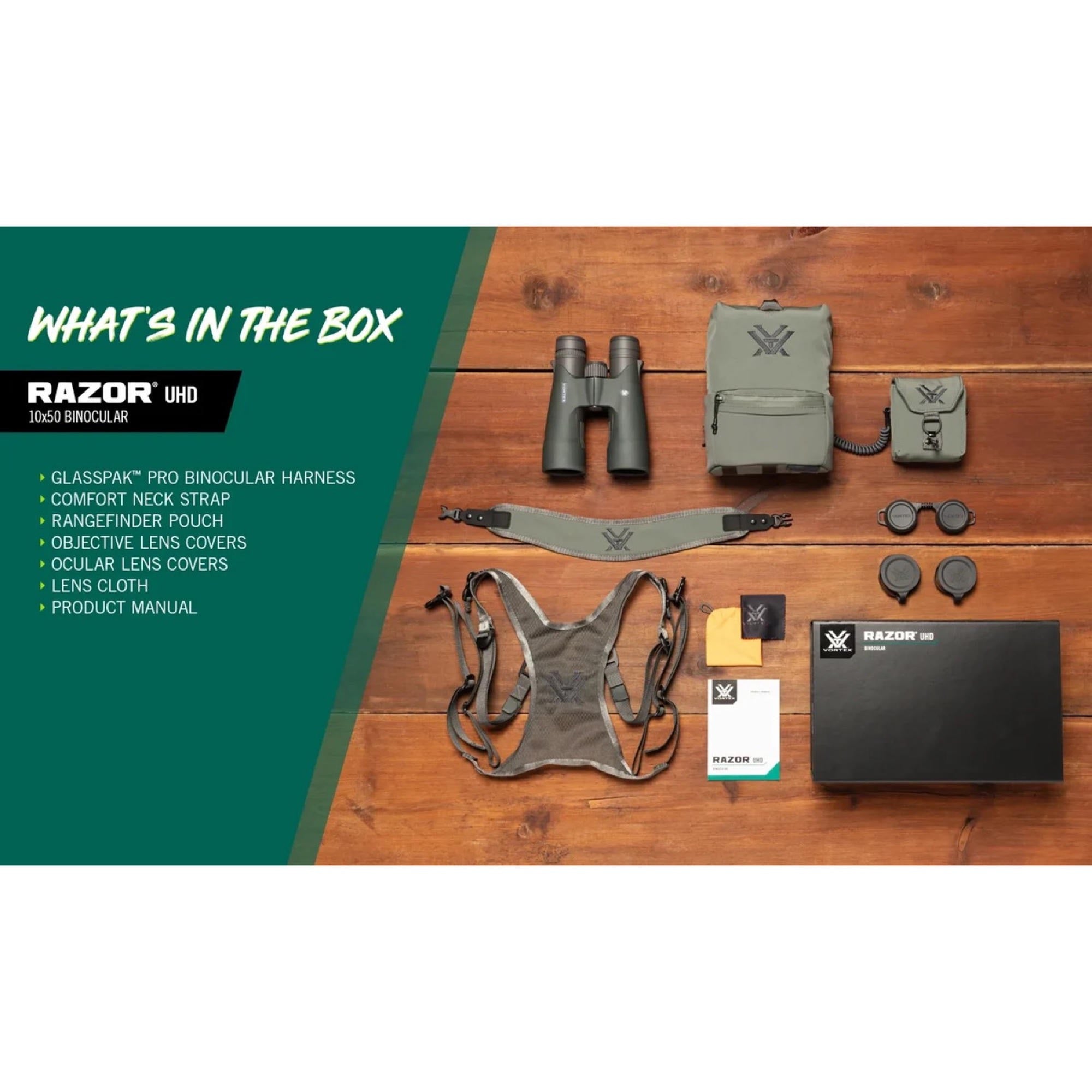 Vortex Razor UHD 10x50 binoculars what’s in the box including GlassPak Pro harness