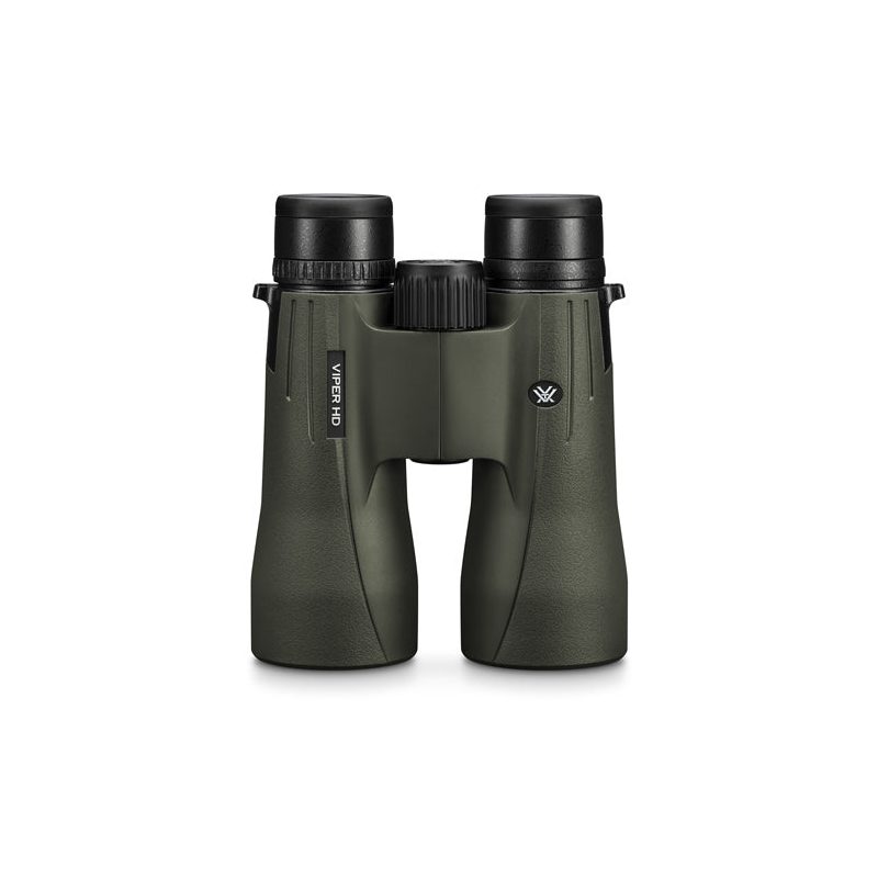 Vortex Viper 10x50 HD Binoculars front view showing the green rubber armour body and centre focus wheel