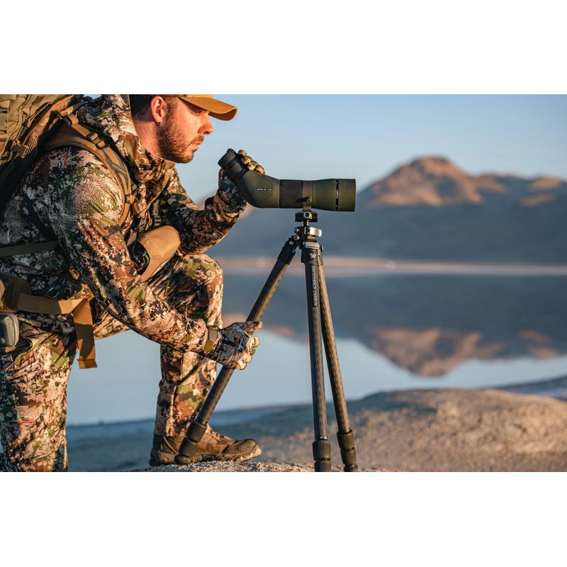 Vortex carbon fibre tripod shown with the Viper 15-45x65 Angled Scope range, sold separately and not included