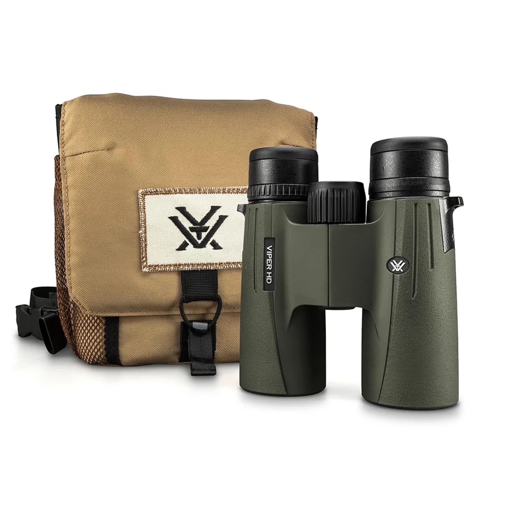 Vortex Viper HD binoculars at an angle showing objective lenses and VIPER HD label