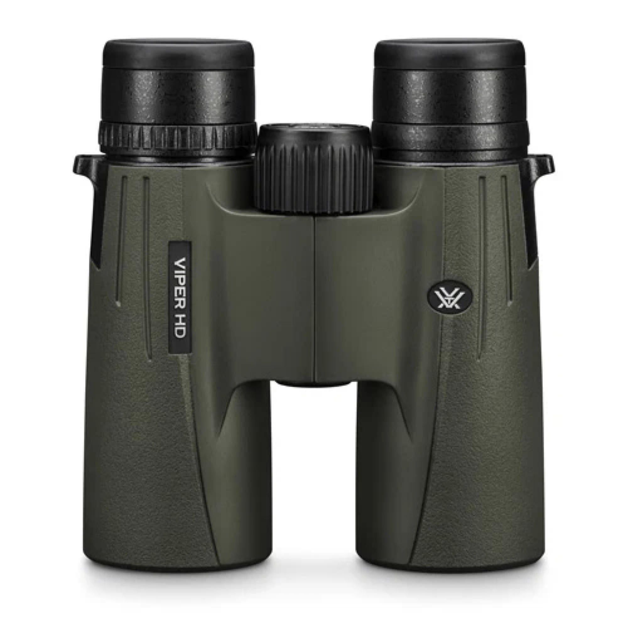 Vortex Viper HD binoculars at an angle showing both objective lenses on a white background