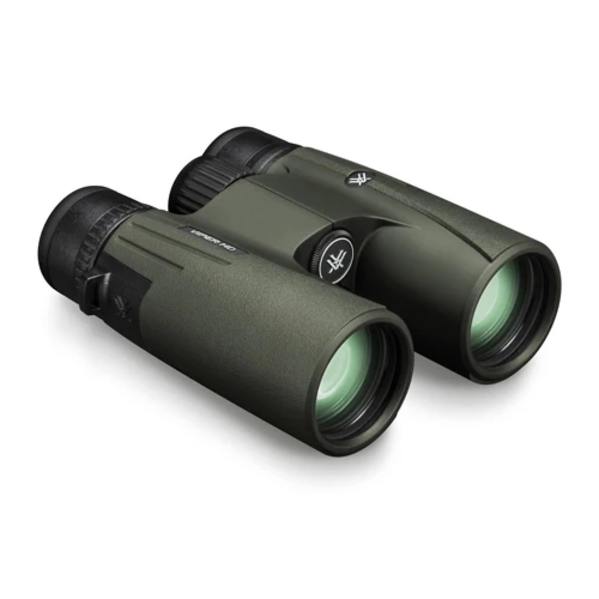 Vortex Viper HD binoculars front view, green rubber armour, VIPER HD badge and Vortex logo