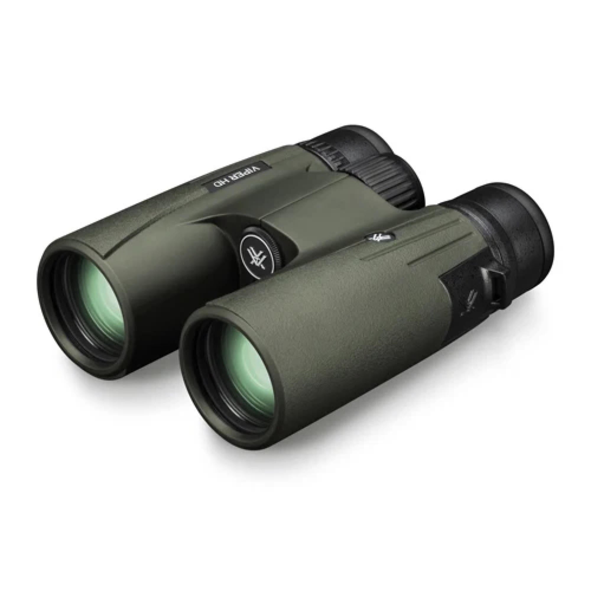 Vortex Viper HD binoculars standing in front of tan Vortex GlassPak carry case