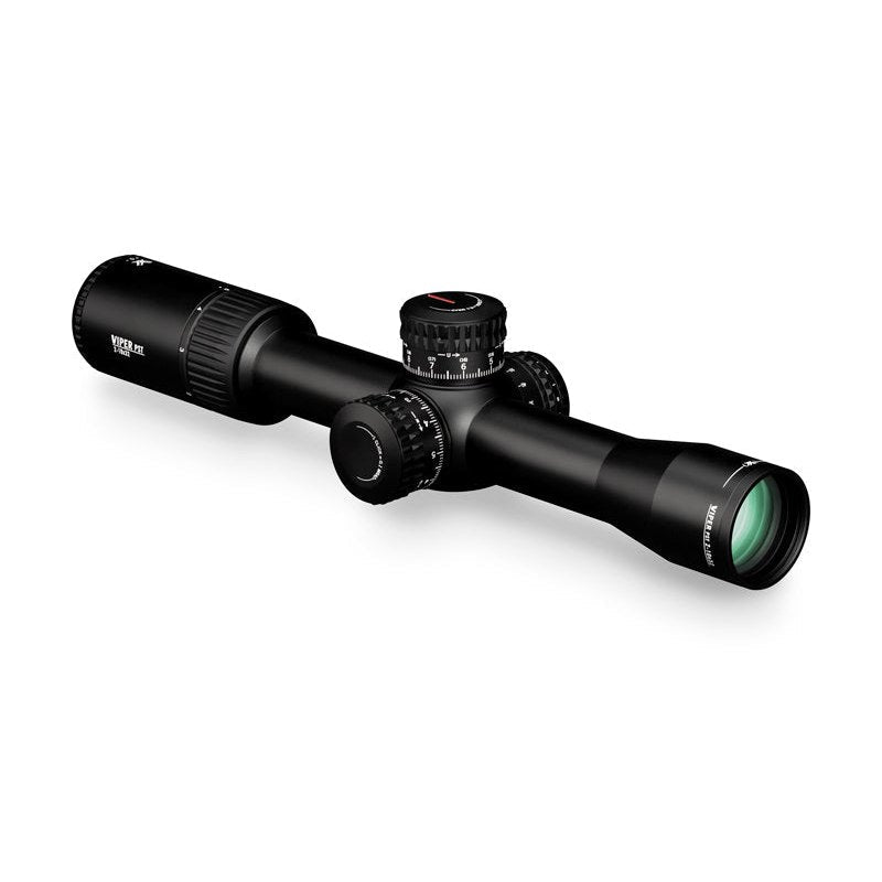 Viper Vortex PST Gen II 2-10x32 FFP riflescope front right view showing the 32mm objective and tactical turrets