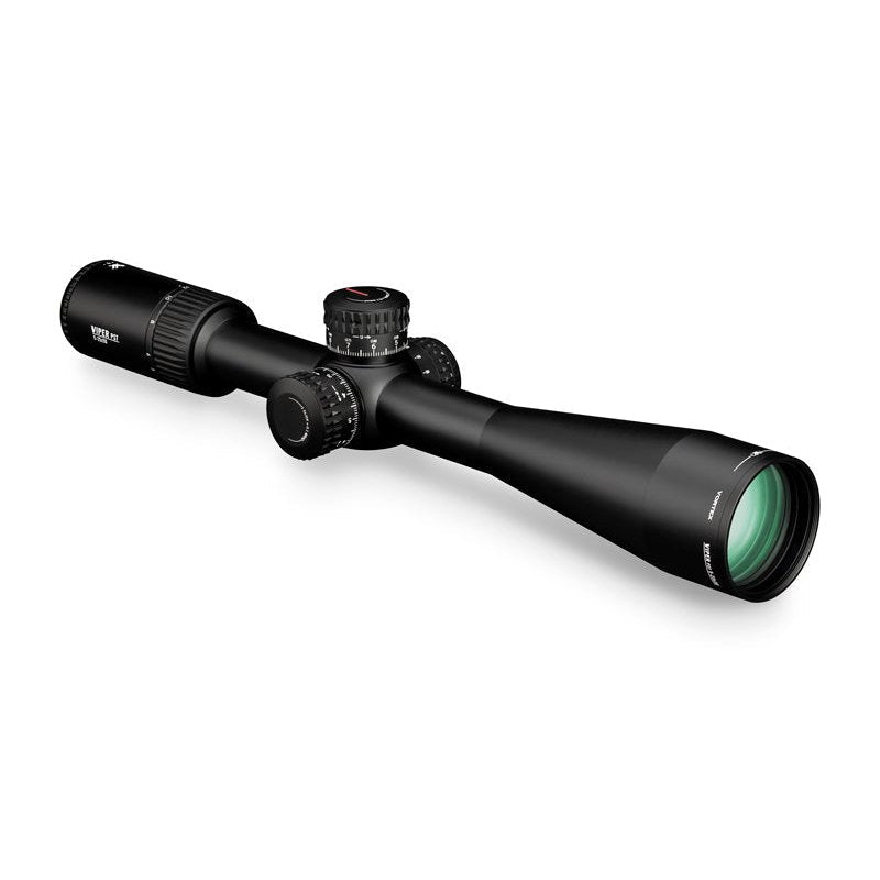 Viper Vortex PST Gen II 5-25x50 FFP riflescope front right view showing the 50mm objective and tactical turrets