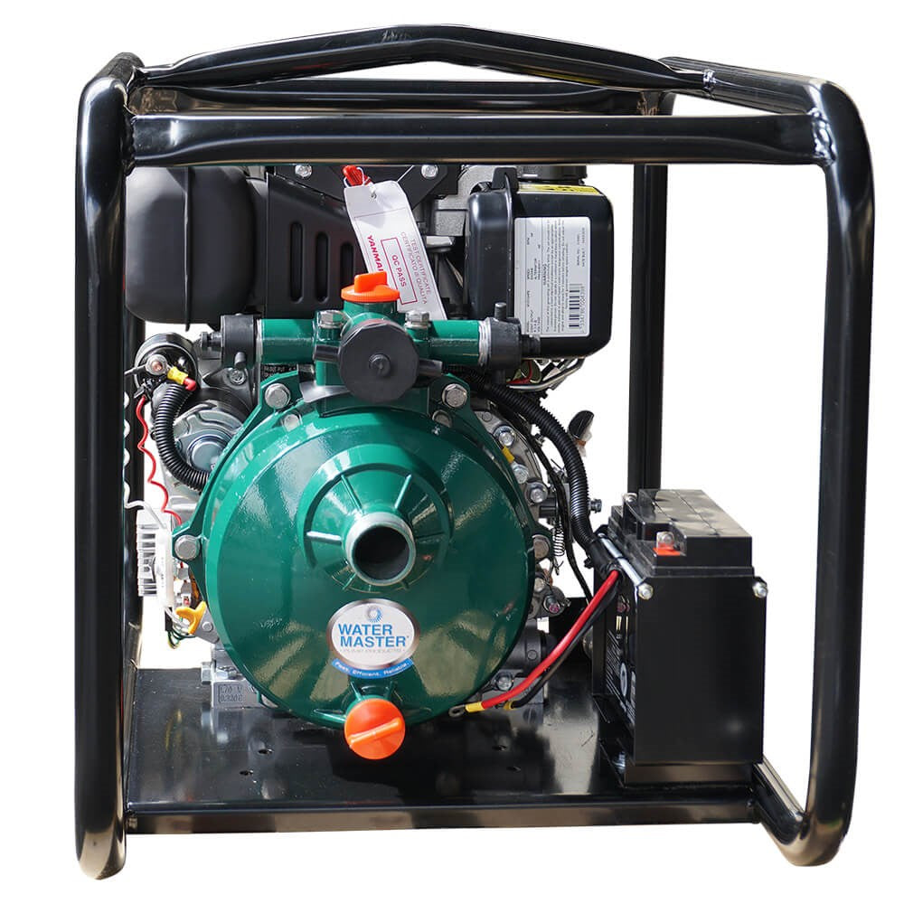 Front view of the Water Master MYD15HPE showing the green Water Master pump housing, discharge ports and battery