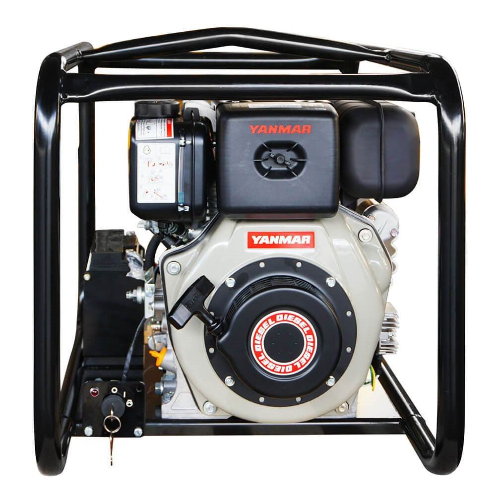 Engine end of the Water Master MYD15HPE showing the Yanmar diesel recoil housing and the starting battery mounted in the frame