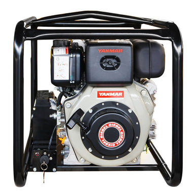 Engine end of the Water Master MYD15HPE showing the Yanmar diesel recoil housing and the starting battery mounted in the frame